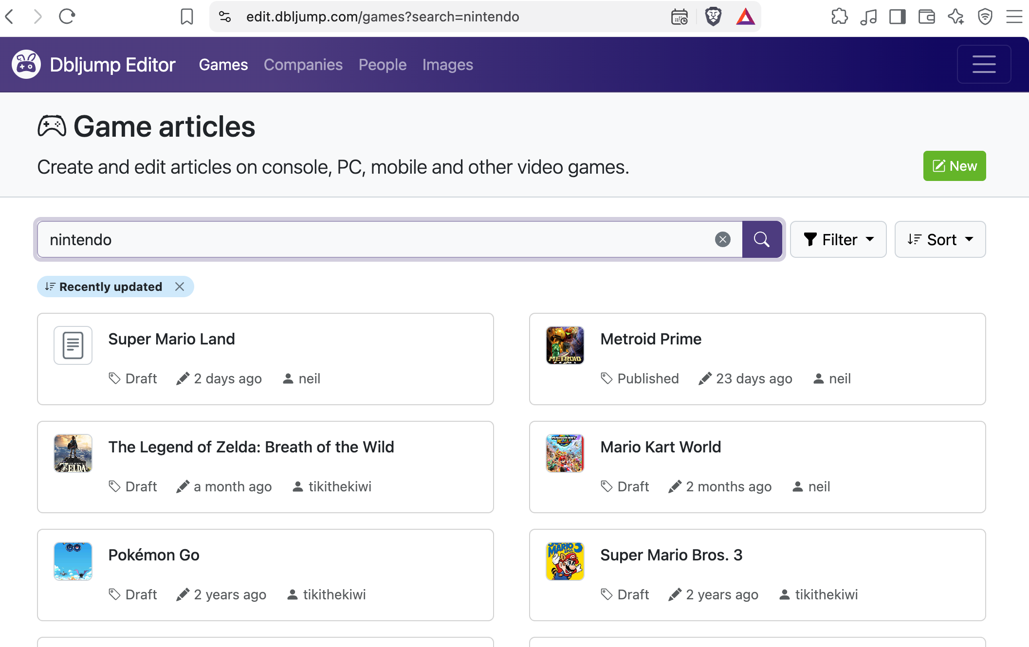 Dbljump Editor UI with game search results
