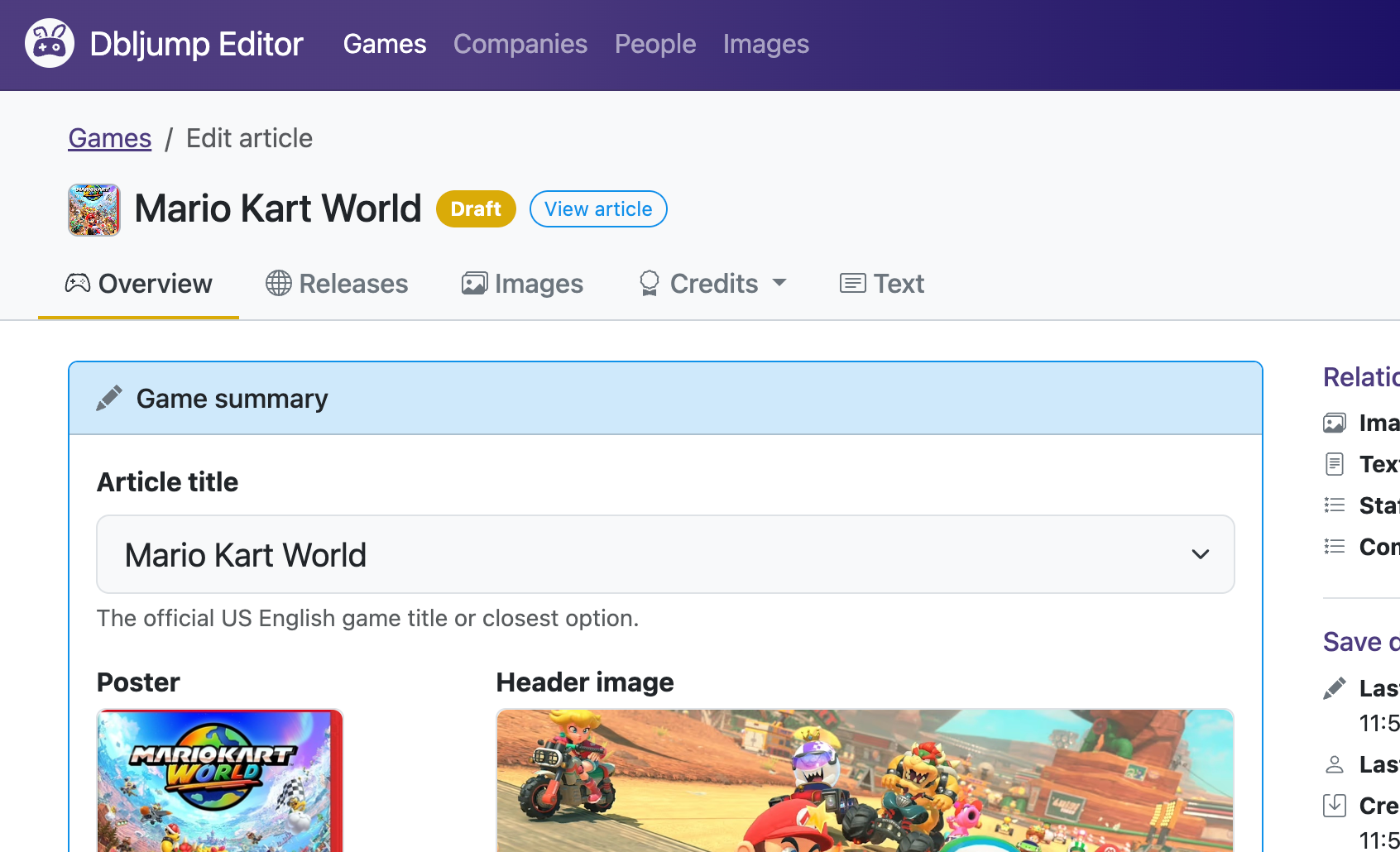 Dbljump Editor overview tab for a game article